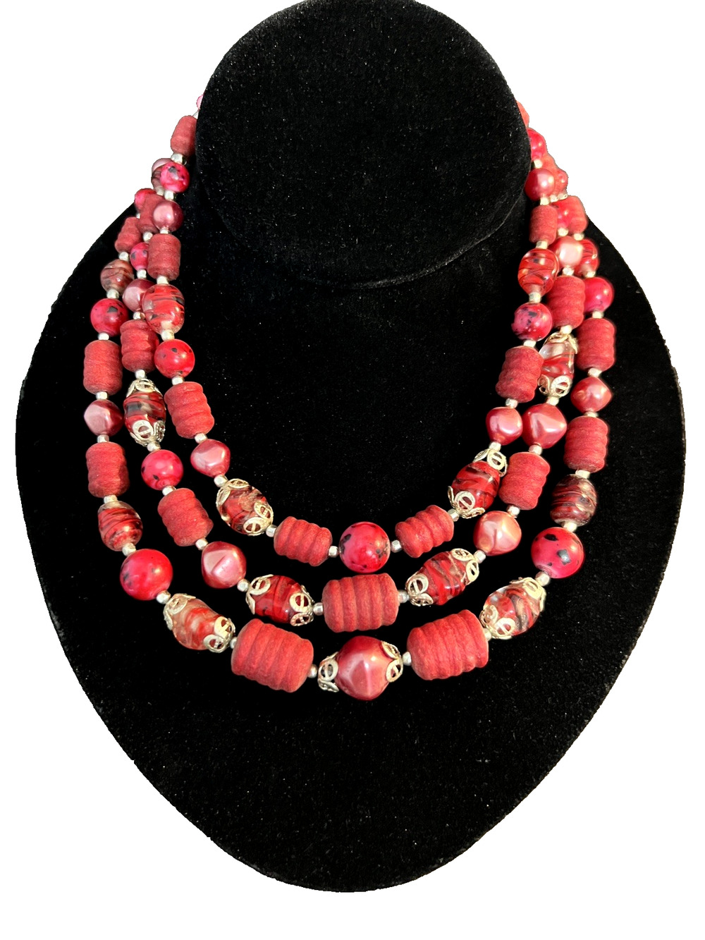 Multi-Strand Red & Pink Necklace Signed Japan Crystal Filigree Hand Painted VTG